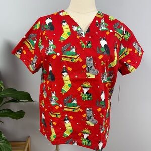 NWT Buttersoft Christmas Scrub Top Red Merry Catmas Cats Cotton Scrubs Kitty